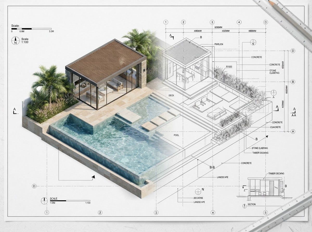 Illustrative 3D model of a residential pool and pavilion over architectural drawings
