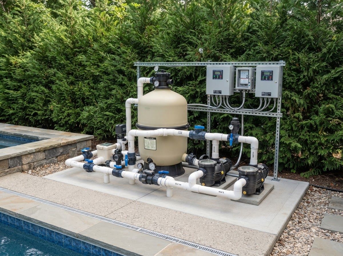 Illustrative pool equipment pad with filter, pumps, valves and control panels