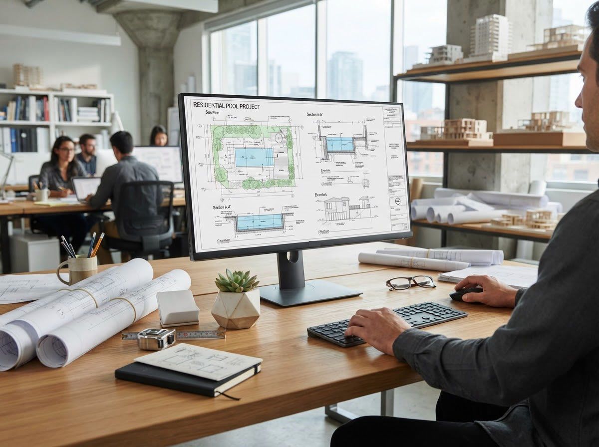 Illustrative pool drawing set shown on a monitor in a design studio