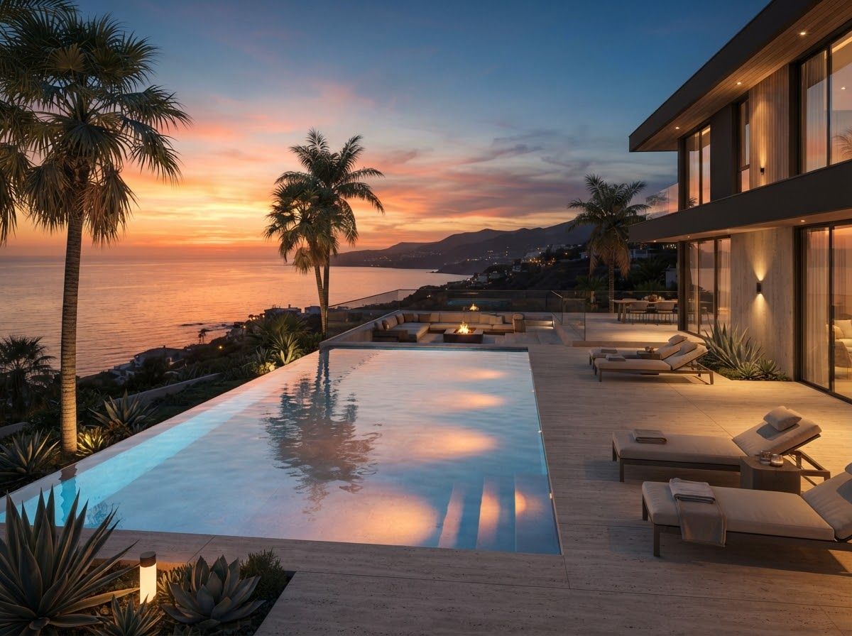 Illustrative photorealistic render of an infinity-edge pool at sunset